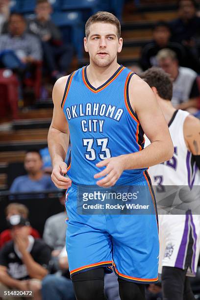 Mitch McGary of the Oklahoma City Thunder looks on during the game against the Sacramento Kings on February 29, 2016 at Sleep Train Arena in...