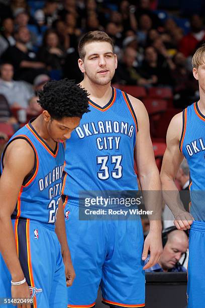 Mitch McGary of the Oklahoma City Thunder looks on during the game against the Sacramento Kings on February 29, 2016 at Sleep Train Arena in...