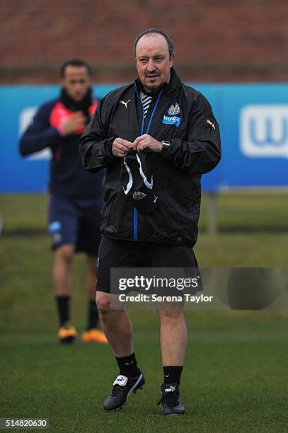 Newcastle's New Manager Rafael Benitez walks on the training pitch during the Newcastle United Training session at The Newcastle United Training...