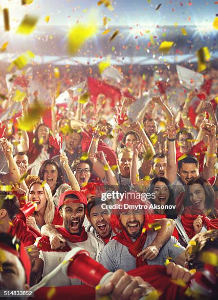sport fans: happy cheering friends - rugby stadium stock pictures, royalty-free photos & images