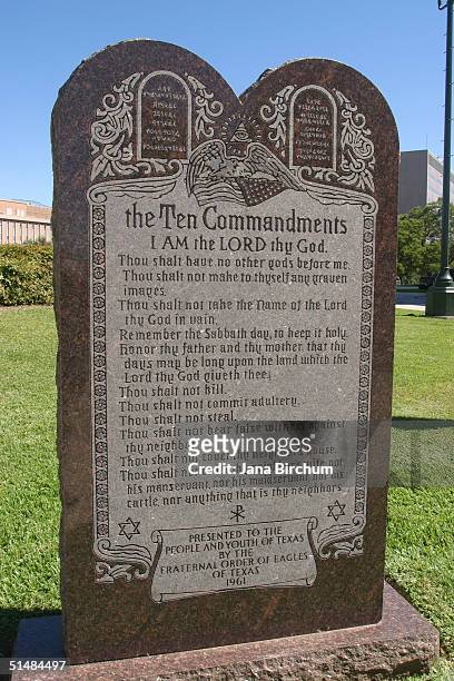 The Ten Commandments Monument displayed at the Texas State Capitol October 15, 2004 in Austin, Texas. The U.S. Supreme Court is considering whether...