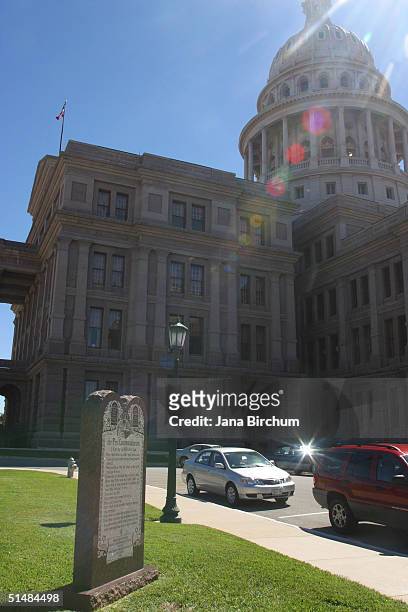 The Ten Commandments Monument displayed at the Texas State Capitol October 15, 2004 in Austin, Texas. The U.S. Supreme Court is considering whether...
