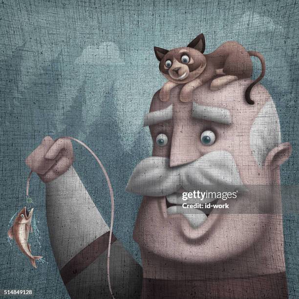 old man catching fish - cat outside stock illustrations
