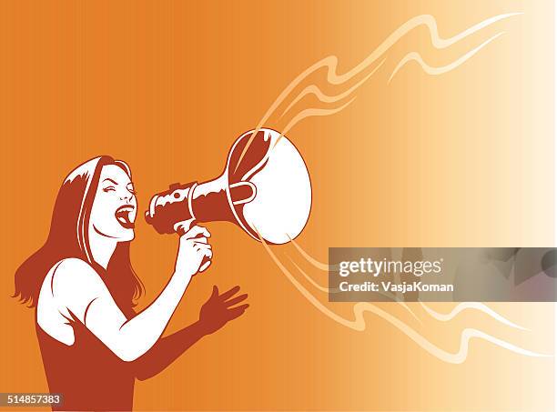 illustrations, cliparts, dessins animés et icônes de jeune femme avec haut-parleur - femme megaphone