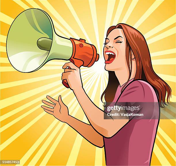 woman with loud speaker and speech balloon - no fixed address stock illustrations