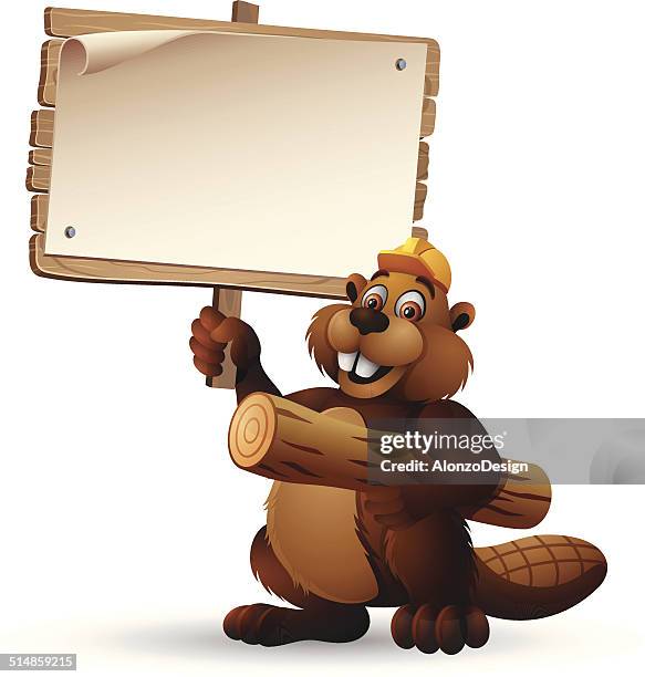 beaver character holding a wooden sign - beaver isolated stock illustrations