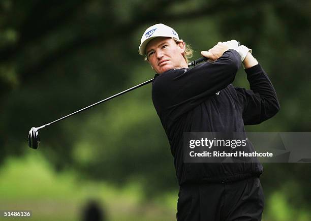 South Africa's Ernie Els tee's off from the third during his semi-final of the HSBC World Match Play Championship at Wentworth Golf Club on October...