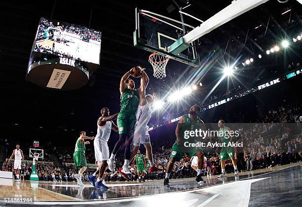 Semih Erden, #9 of Darussafaka Dogus Istanbul in action during the 2015-2016 Turkish Airlines Euroleague Basketball Top 16 Round 10 game between...