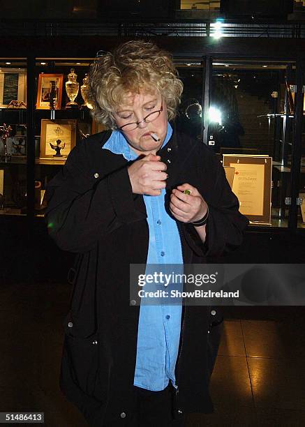 Late Late Show guest, Oscar winning actress Brenda Fricker, lights a cigarette on October 15 in Dublin, Ireland.