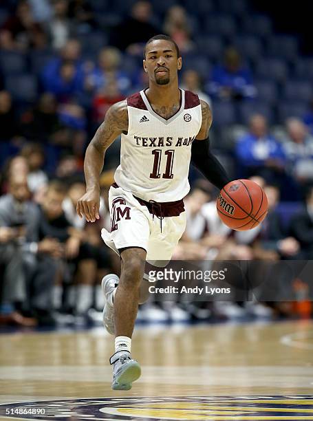 Anthony Collins of the Texas A&M Aggies dribbles the ball in the game against the Florida Gators during the quarterfinals of the SEC Basketball...