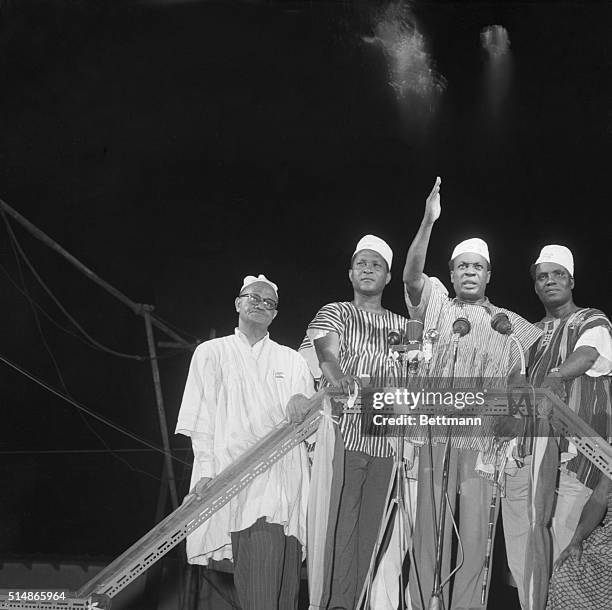 Prime Minister Kwame Nkrumah waves to the celebrating crowd after the British colony known as the Gold Coast ceased to exist and the sovereign state...