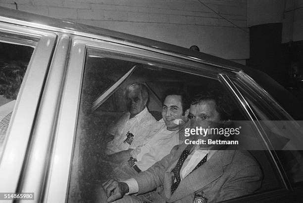 New York:David Berkowitz sits in police car 8/11 after his arrest late 8/10 by detective edward Zigo in connection with the .44-caliber killings. He...
