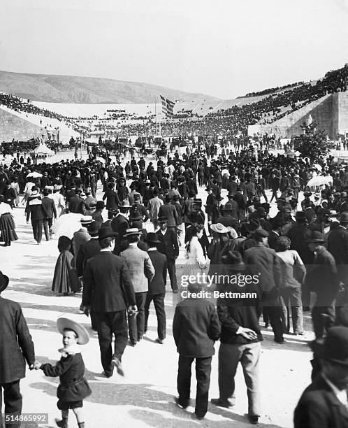Athens, Greece: Olympic Games in Athens, Greece, 1896. Crowd entering stadium a restored structure dating back to antiquity. Photograph. BPA2# 3442