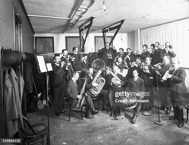 New York, NY: Gramophone recording session in Edison Studio in New York. Brass band performing. Photograph, ca. 1908.