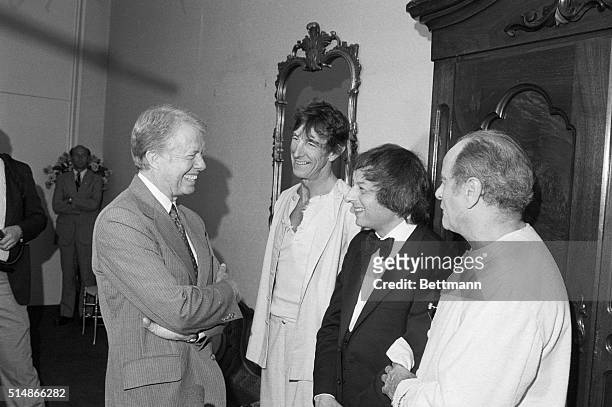 President Jimmy Carter meets members of the cast of "Every Good Boy Deserves Favour," after performance at the Kennedy Center, 9/1. Left to right...