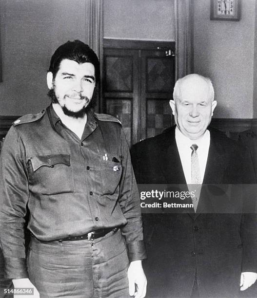 Moscow, USSR: Soviet Premier Nikita Khrushchev with Ernesto Guevara, the head of Cuba's Economic Mission. A Cuban Communist newspaper later announced...