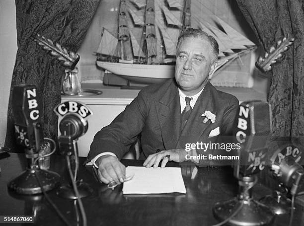 Washington, D.C.: His words entering the microphone are carrying President Roosevelt's "fireside chat" into the millions of homes of his...