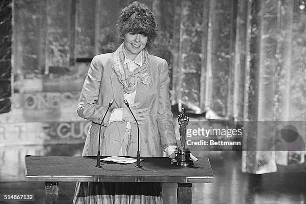 Diane Keaton makes her acceptance speech after she won the Oscar for Best Performance by an Actress in a Leading Role at the 50th Annual Academy...