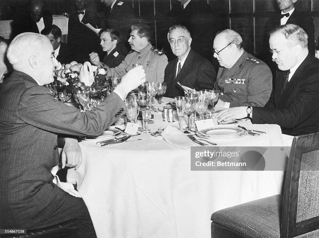 Marshal Josef Stalin, President Roosevelt, and Prime Minister Winston Churchill dining at Livadia Palace