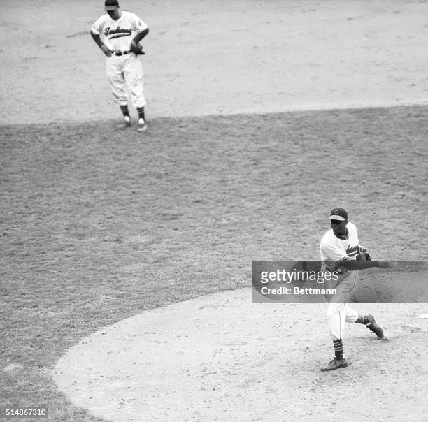 Hall of Famer Satchel Paige in his only World Series appearance, pitching relief in Game 5 against the Boston Braves.