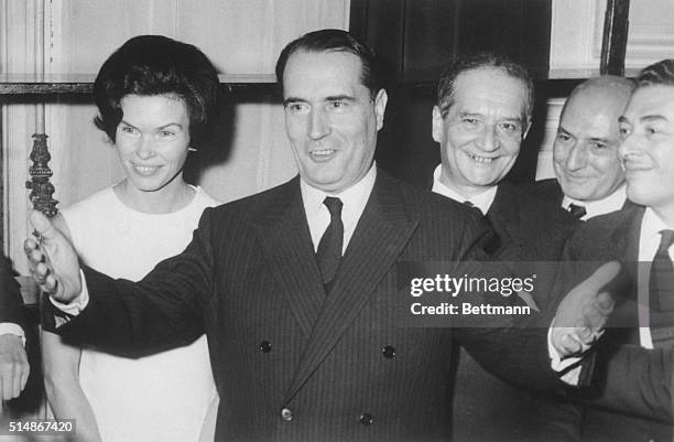 Paris, France: Francois Mitterrand his wife and supporters smile as results of the French presidential election come in. President Charles de Gaulle,...