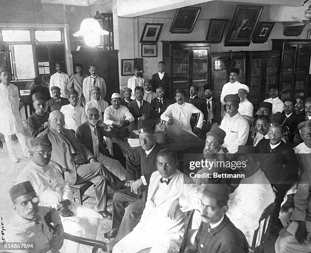 Very interesting photo of a gathering of the Nationalist Party, headed by Mahatma Gandhi, who has been taken into custody by the British troops in...