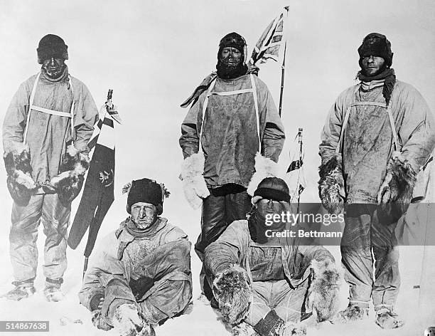 The members of Captain Scott's ill-fated expedition to the South Pole, Laurence Oates, H.R. Bowers, Robert Scott, Edward Wilson and Edgar Evans. They...