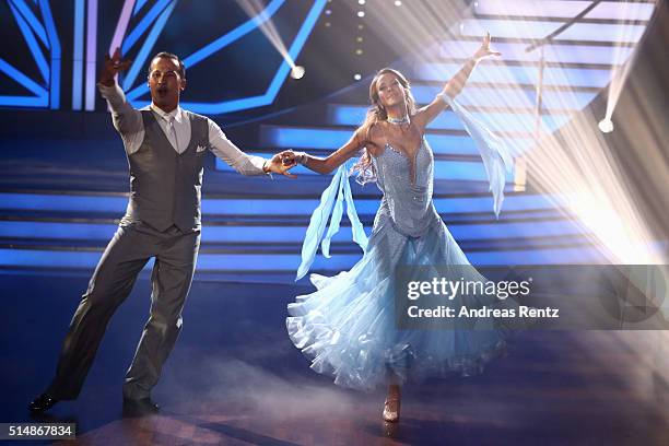 Alessandra Meyer-Woelden and Sergiu Lucaper form on stage during the 1st show of the television competition 'Let's Dance' on March 11, 2016 in...