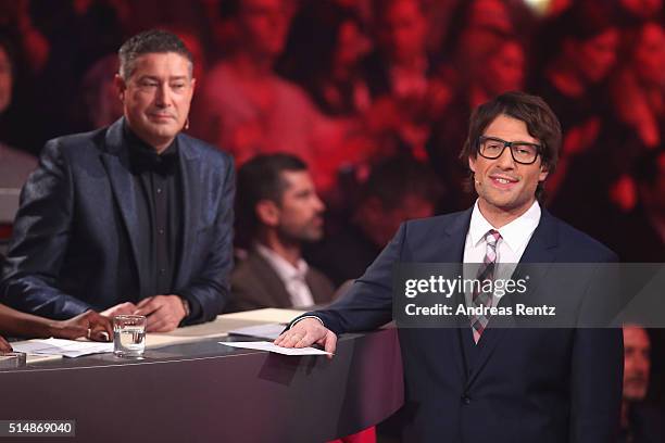 Jury member Joachim Llambi and host Daniel Hartwich are seen on stage during the 1st show of the television competition 'Let's Dance' on March 11,...