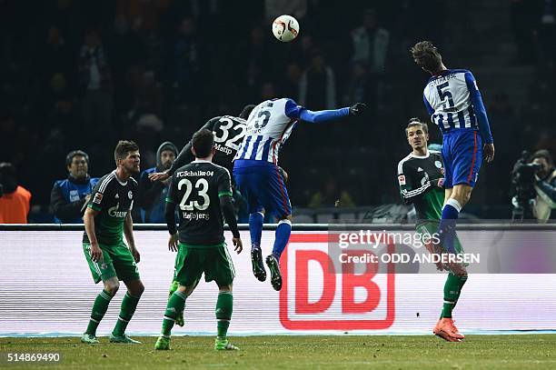 Hertha's midfielder Niklas Stark scores the 2-0 goal during the German first division Bundesliga football match, Hertha Berlin v Schalke 04, at the...