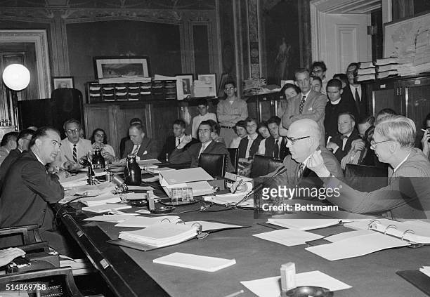 Washington, D.C.: Senator Joseph McCarthy questions Dr. James Conant , U.S. High Commissioner for Germany, at a Senate Appropriations subcommittee...