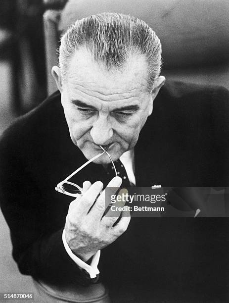 Johnson City, Texas: President Lyndon B. Johnson is shown in a reflective mood at his "LBJ" Ranch, where he spent a working vacation with his family...