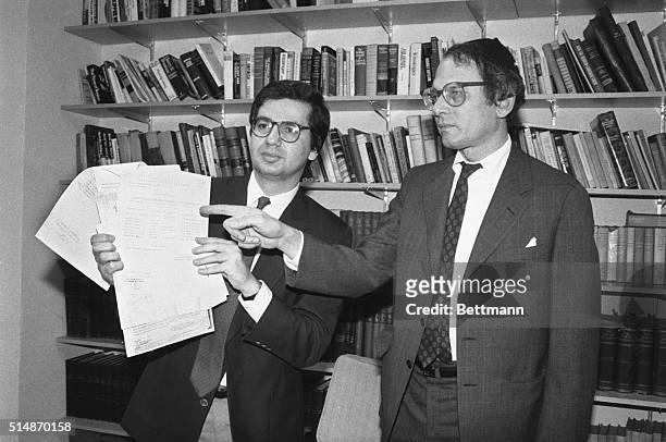 New York, NY: Elan Steinberg , executive director, and Israel Singer, secretary general, of the World Jewish Congress display documents which they...
