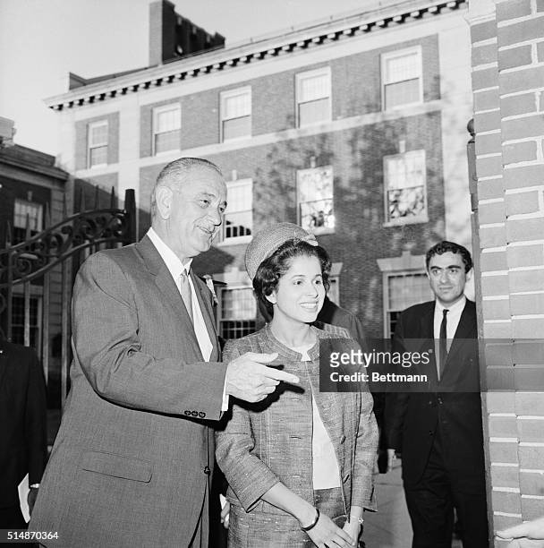 Washington, DC: President Johnson chats with Mrs. Patricia R. Harris, Associate Professor of Constitutional Law at Howard University, after attending...