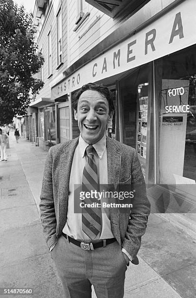 San Francisco: Supervisor Harvey Milk poses outside his camera shop after his 1977 election to the Board of Supervisors. Milk and Mayor George...