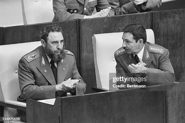 Havana, Cuba: Fidel Castro is shown with his brother Raul , Cuba's Defense Minister prior to speaking to the 2,000 members of the National Assembly...