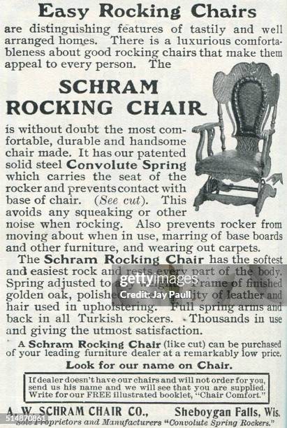 Advertisement for the Schram rocking chair by the AW Schram Chair Company in Sheboygan Falls, Wisconsin, 1901.