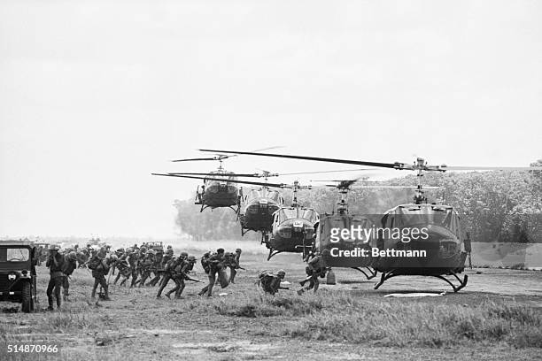 Lai Khe, South Vietnam: Line of Helicopters of the U.S. First Air Cavalry Division land in formation at Lai Khe to pick up troops of the South...
