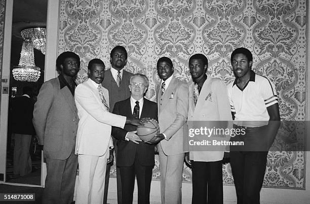 New York, NY: First round choices in the NBA draft June 25 included this group of players shown posing with NBA Commissioner Larry O'Brien. Left to...