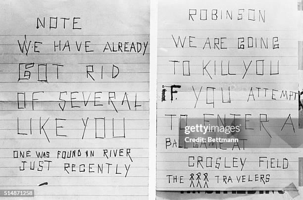 Cincinnati, OH.: This is a copy of the "Poison Pen" letter received by Warren Giles, president of the Cincinnati Reds, threatening to kill Jackie...