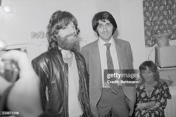 New York, NY: Mick Jagger, sporting a full beard, joins Tom Conti, star of "Whose Life Is It Anyway" backstage on the last night of performance of...