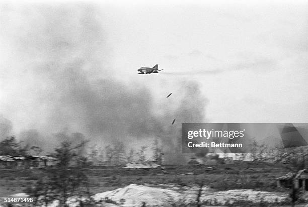 Quang Tri City, South Vietnam: A U.S. Phantom Jet Fighter drops napalm on a North Vietnamese stronghold in Quang Tri City. Fighting in and around the...