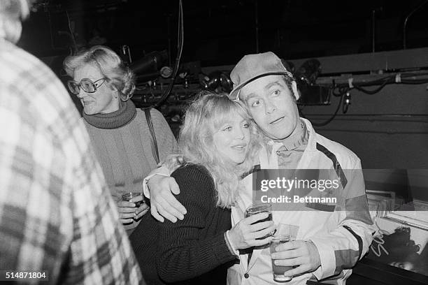 New York, NY: British rock star Elton John hugs actress Goldie Hawn at Studio 54 here. They were celebrating John's opening show at the Palladium,...