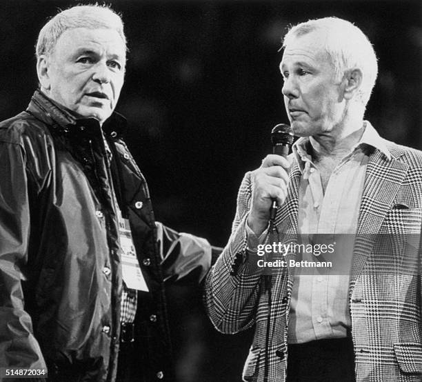Landover, Maryland: Frank Sinatra and Johnny Carson go over stage directions during Inaugural Gala rehearsal 1/19. Sinatra is producer of the Gala,...