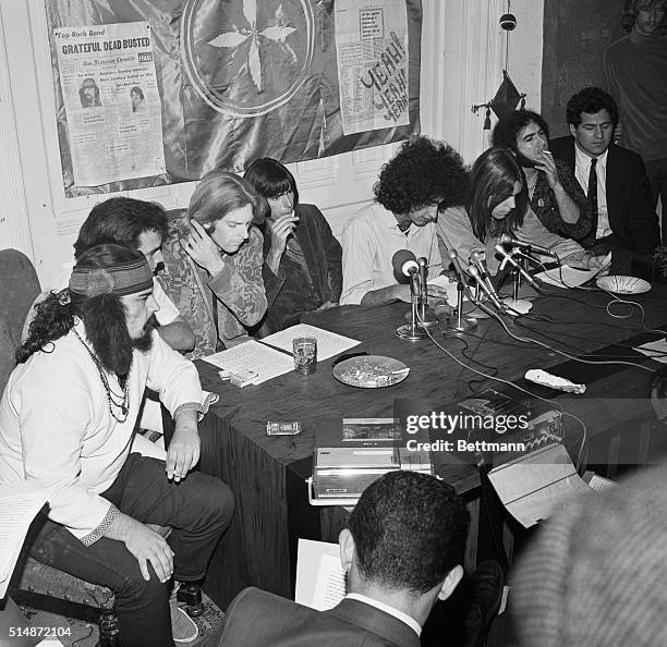 The rock band The Grateful Dead, sitting with their attorney and managers, complain about a marijuana raid at their home at a press conference in San...