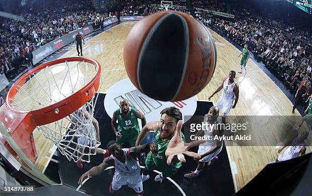 Semih Erden, #9 of Darussafaka Dogus Istanbul in action during the 2015-2016 Turkish Airlines Euroleague Basketball Top 16 Round 10 game between...