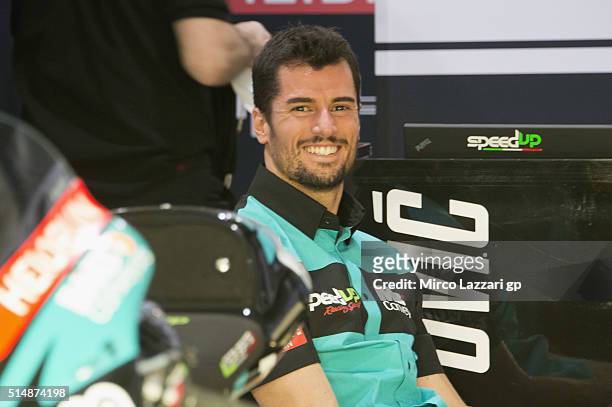 Simone Corsi of Italy and Speed Up Racing smiles in box during Moto2 And Moto 3 Tests at Losail Circuit on March 11, 2016 in Doha, Qatar.