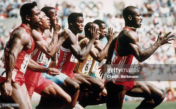 Canadian Ben Johnson breaks from the pack during the 100 meter race of the 1988 Olympic Games in Seoul. Johnson set a world-record and was awarded...