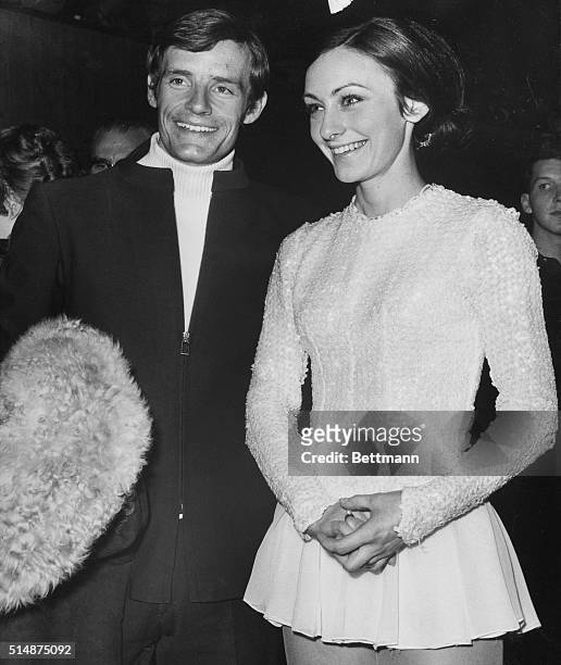 Two stars of the 1968 Winter Olympics, Jean-Claude Killy and Peggy Fleming, are a smiling pair at the closing ceremony of the winter games at...