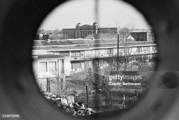 Simulated view through a gunsight of the balcony at the Lorraine Motel where Dr. Martin Luther King was shot and killed.